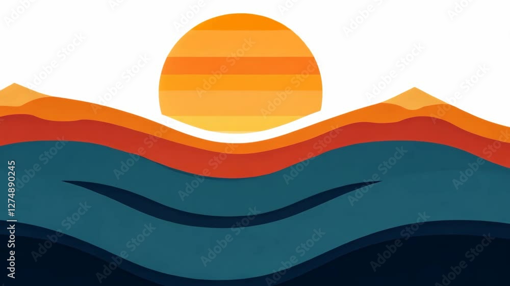 Vibrant sunset over stylized waves reflects tranquility and natural beauty in an abstract landscape Vibrant sunset over stylized waves reflects tranquility and natural beauty in an abstract landscape