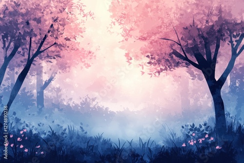 Watercolor painting depicts a forest scene with trees