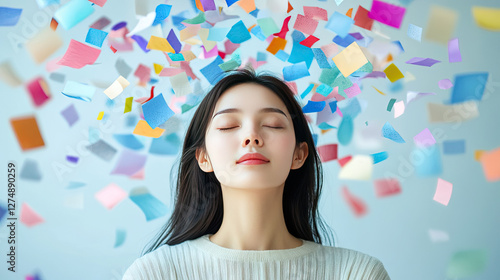 woman with closed eyes surrounded by colorful paper pieces, symbolizing stress management and relaxation techniques. vibrant colors create sense of chaos and calm