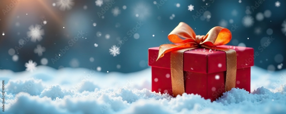 Red box wrapped in golden ribbon amidst falling snowflakes, red gift box, snowy landscape, decorated box Red box wrapped in golden ribbon amidst falling snowflakes, red gift box, snowy landscape, decorated box
