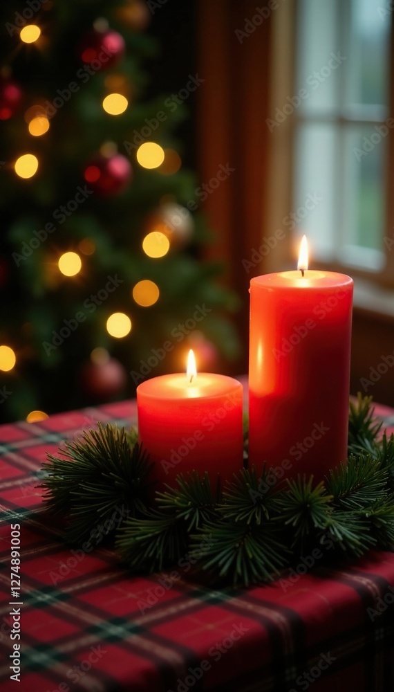 Soft candlelight on Christmas tree tablecloth, christmas, rustic Soft candlelight on Christmas tree tablecloth, christmas, rustic
