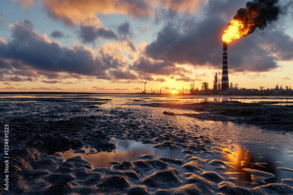 Industrial Landscape at Sunset with Flare Stack Emitting Flames and Reflections on Water Industrial Landscape at Sunset with Flare Stack Emitting Flames and Reflections on Water