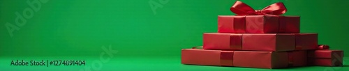 Stacked gift boxes in Christmas red on green background, stack, box, decoration