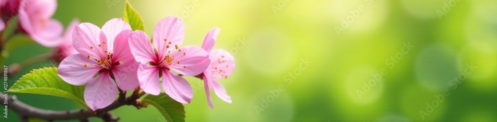 Soft pink cherry blossoms against light green foliage, nature, floral background Soft pink cherry blossoms against light green foliage, nature, floral background