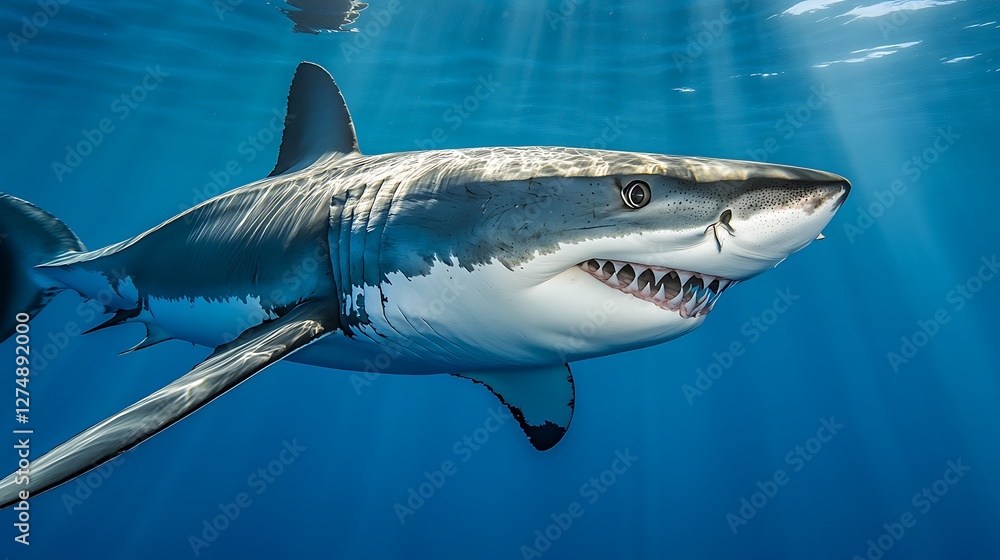 Fototapeta premium A majestic shark swimming gracefully underwater, showcasing its powerful form amidst sunlit ocean depths