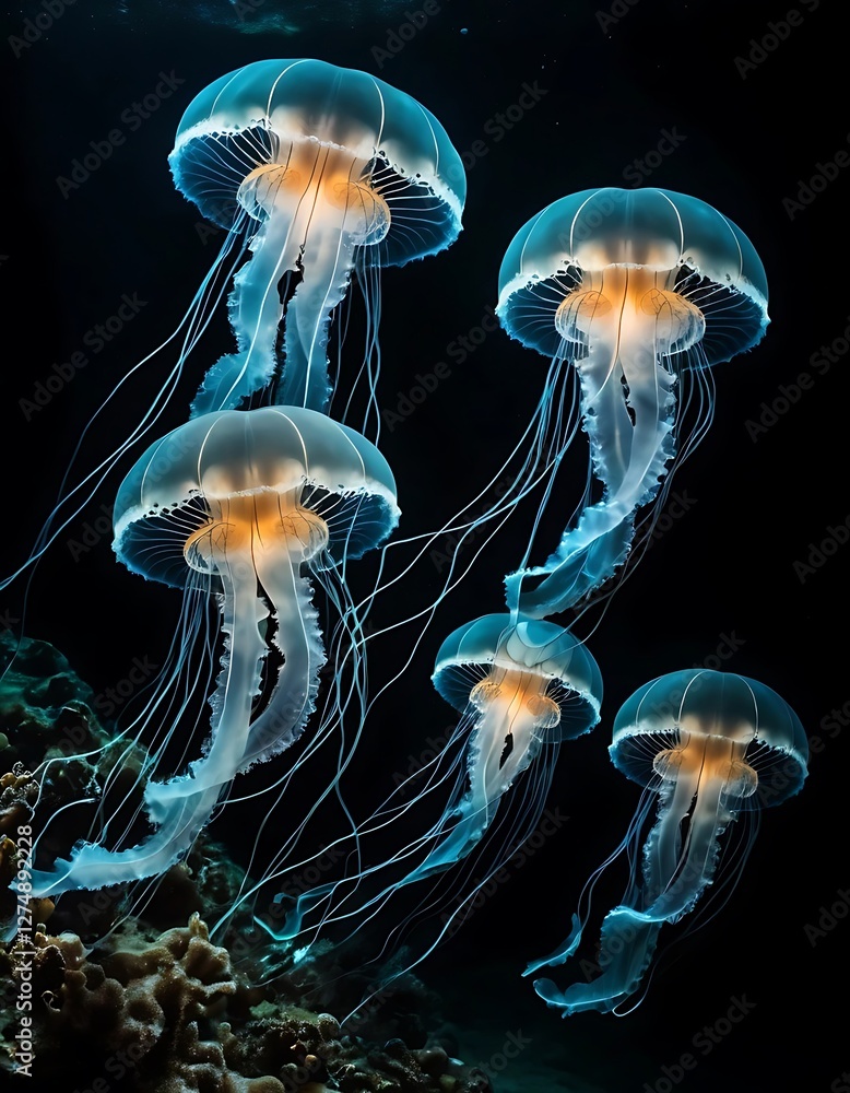 Naklejka premium An Enchanting Dance, A Group of Jellyfish Gracefully Illuminating the Deep Sea