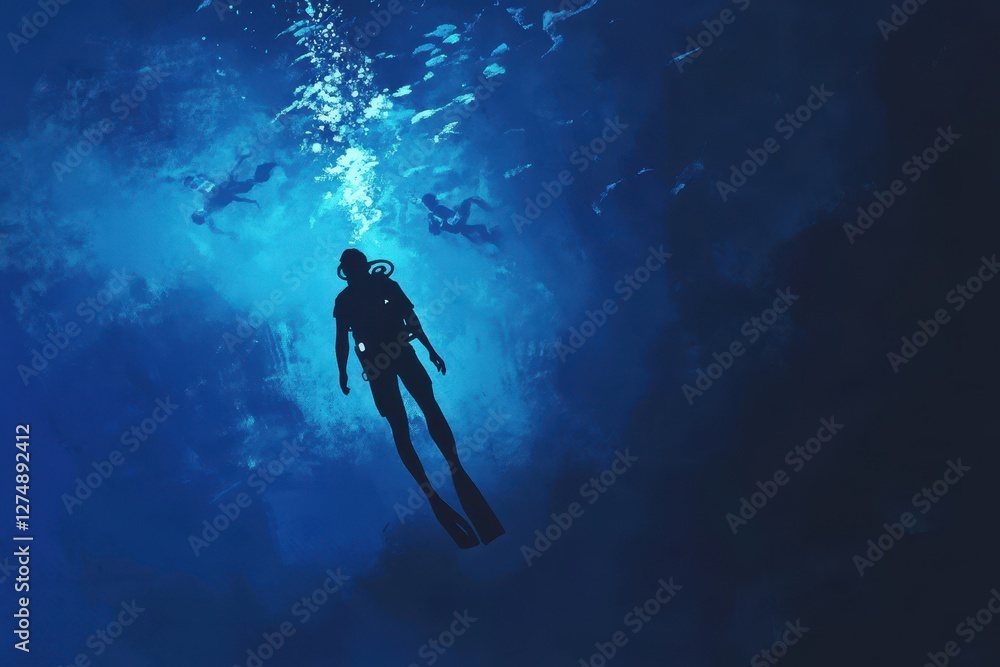 Silhouette of diver swimming in the deep blue sea Silhouette of diver swimming in the deep blue sea