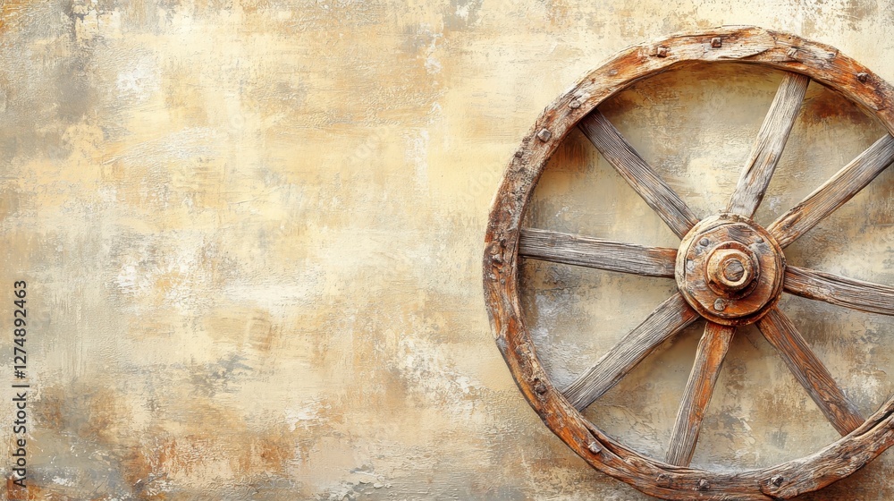 Obraz premium Rustic Wooden Wheel Against Textured Vintage Background