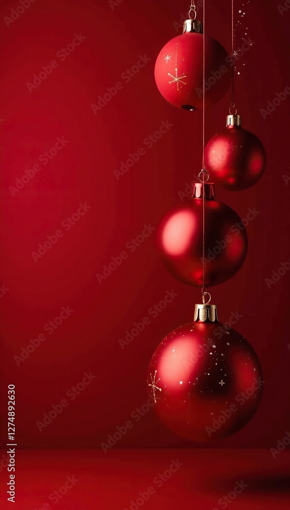 Red Christmas ornaments suspended in mid-air on a dark red background, red christmas ornaments, christmas decor Red Christmas ornaments suspended in mid-air on a dark red background, red christmas ornaments, christmas decor