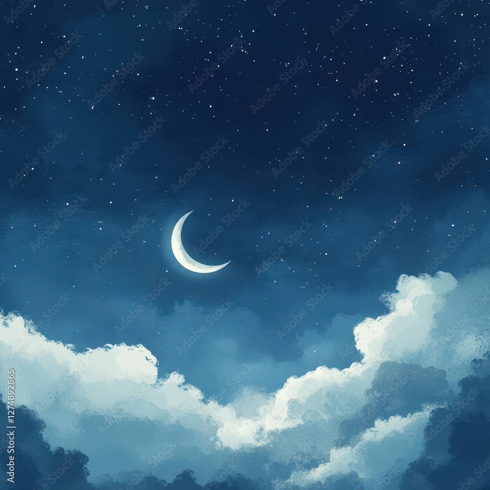A crescent moon shines brightly over dreamy blue clouds A crescent moon shines brightly over dreamy blue clouds