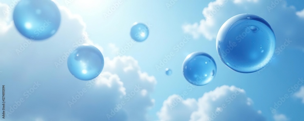 Blue spheres drifting through a white cloudy sky, flarium, blue bubbles, gentle hue Blue spheres drifting through a white cloudy sky, flarium, blue bubbles, gentle hue