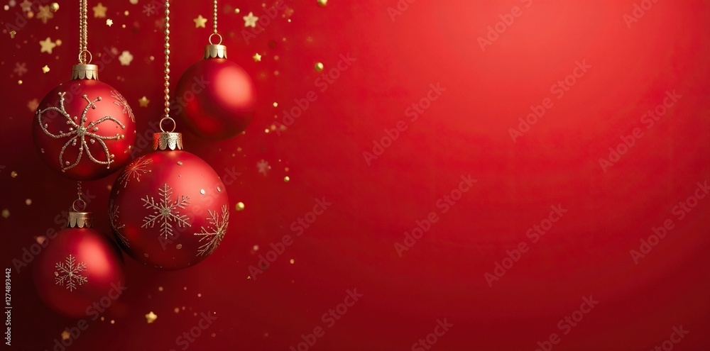 Red background with Christmas ornaments hanging from a string, hanging, string Red background with Christmas ornaments hanging from a string, hanging, string