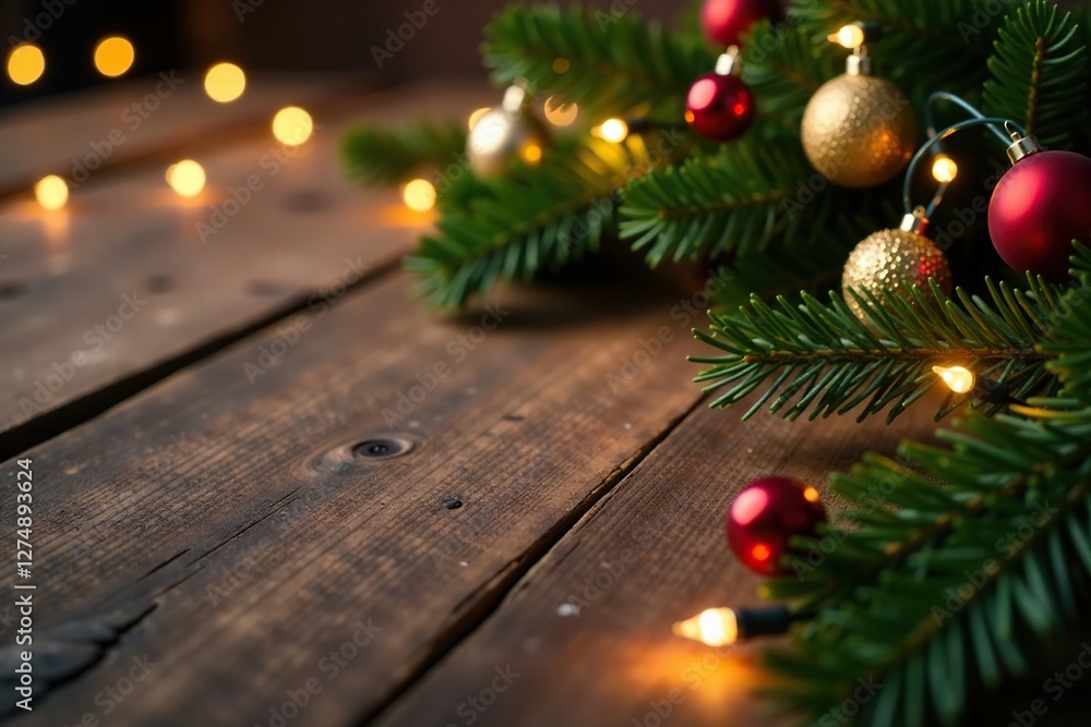 Wooden table with scattered garlands and Christmas lights, festive ambiance, Wooden table with scattered garlands and Christmas lights, festive ambiance,