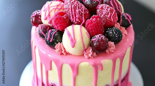 Pink Drip Cake Topped with Raspberries, Cherries, and White Chocolate Truffles photo