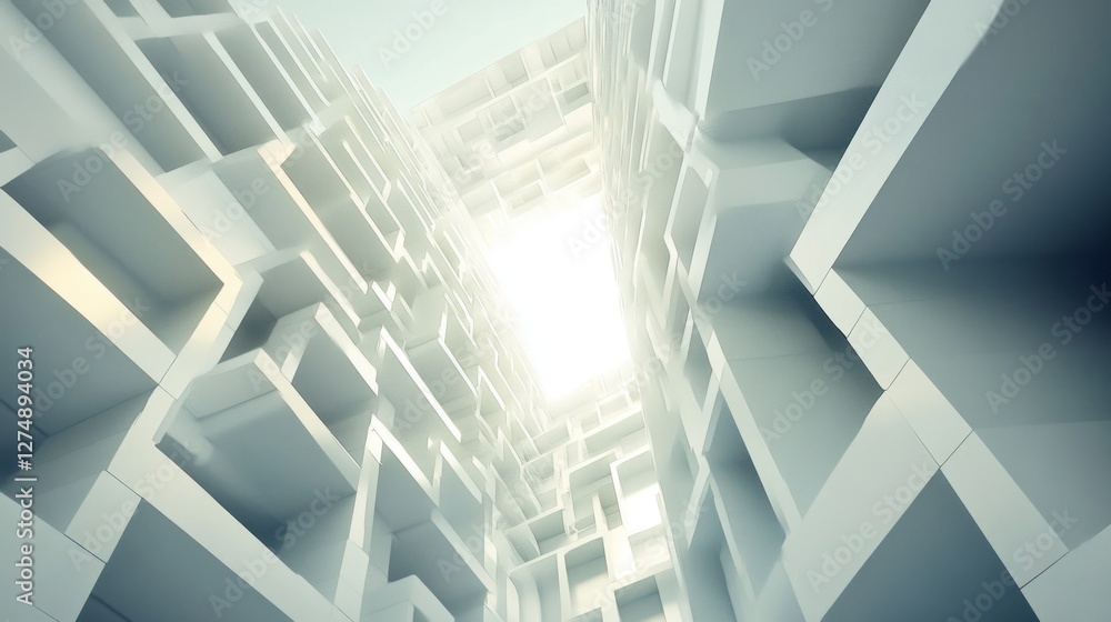 Obraz premium Abstract architectural perspective of a modern building complex, looking upwards towards a light-filled center.