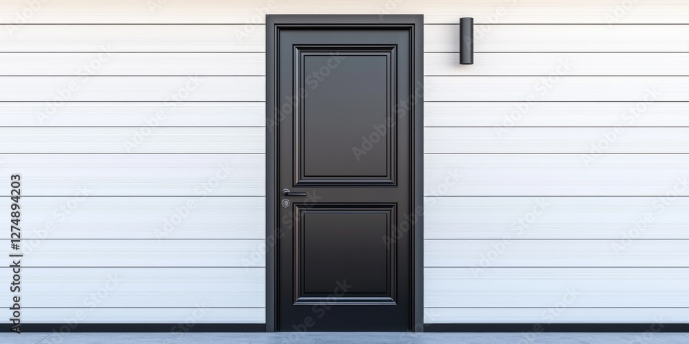 Fototapeta premium Modern black door on white siding exterior.