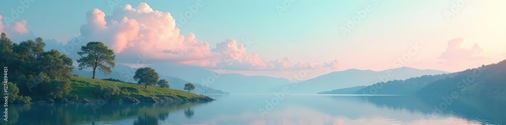 Soft pink clouds fade into turquoise sky with gentle hilltop trees and a serene lake in the distance, tranquil lake, cloud formations Soft pink clouds fade into turquoise sky with gentle hilltop trees and a serene lake in the distance, tranquil lake, cloud formations
