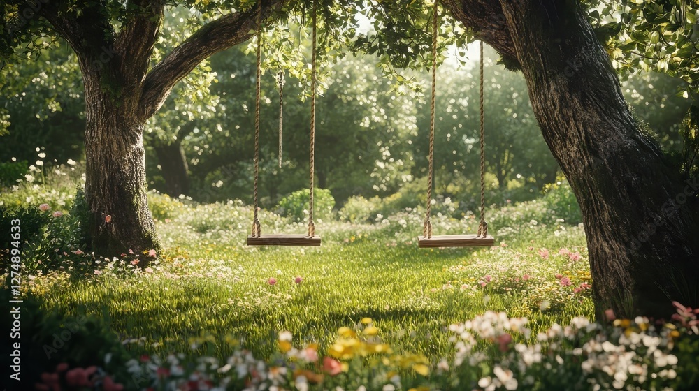 Fototapeta premium Wooden swings hang between two trees in a blooming garden
