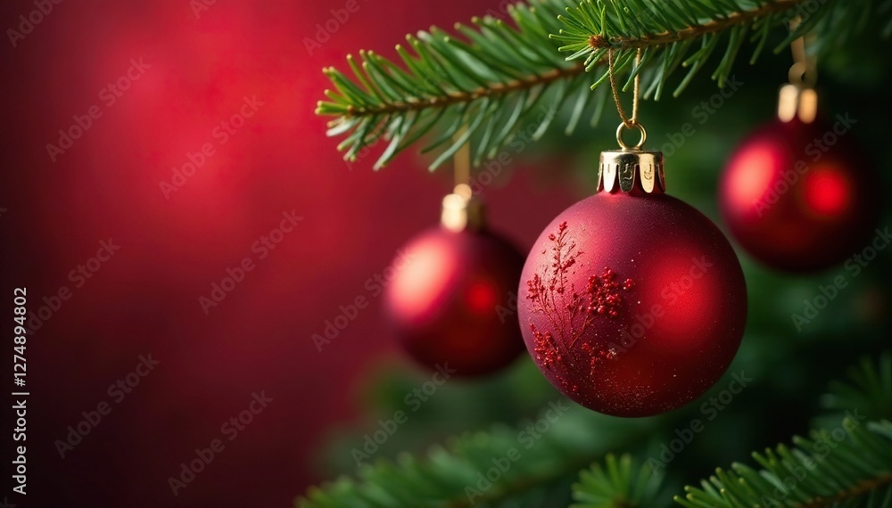 Red Christmas balls hanging from a fir tree branch with greenery, holiday, festive, red balls Red Christmas balls hanging from a fir tree branch with greenery, holiday, festive, red balls