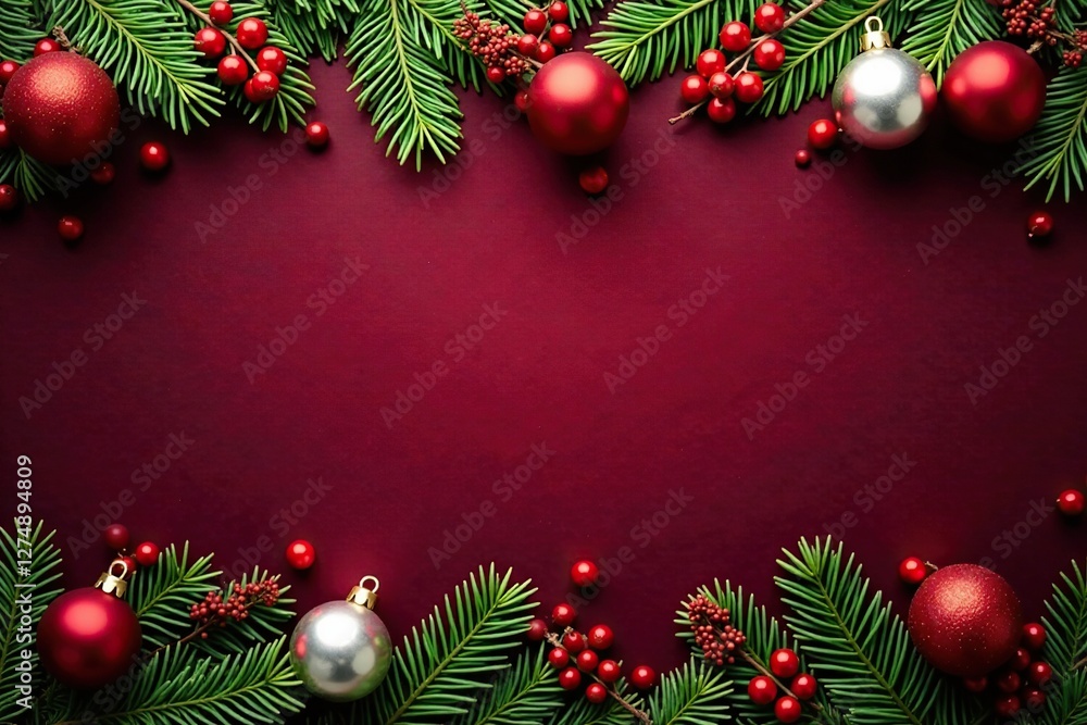 Red berries and silver bells scattered across a rich burgundy background with pine branches, burgundy, evergreen garland, pine branches Red berries and silver bells scattered across a rich burgundy background with pine branches, burgundy, evergreen garland, pine branches