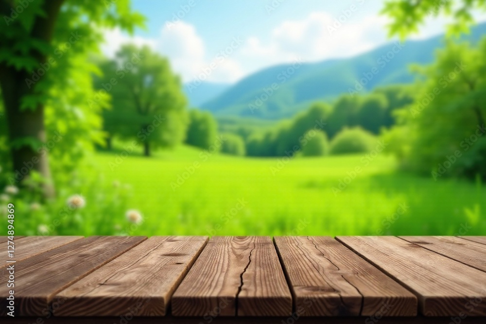 Wooden table on rustic green terrain with wood fragrance, rustic, table Wooden table on rustic green terrain with wood fragrance, rustic, table