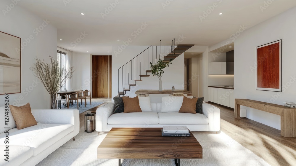 Fototapeta premium Modern living room with minimalist design, natural light, and cozy furnishings.