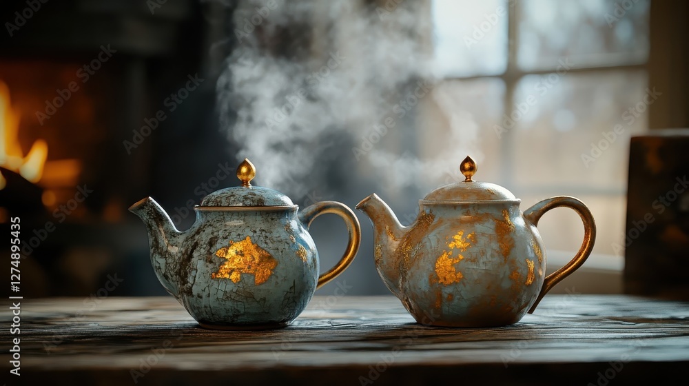 Two Elegant Teapots Steaming Near A Fireplace Two Elegant Teapots Steaming Near A Fireplace
