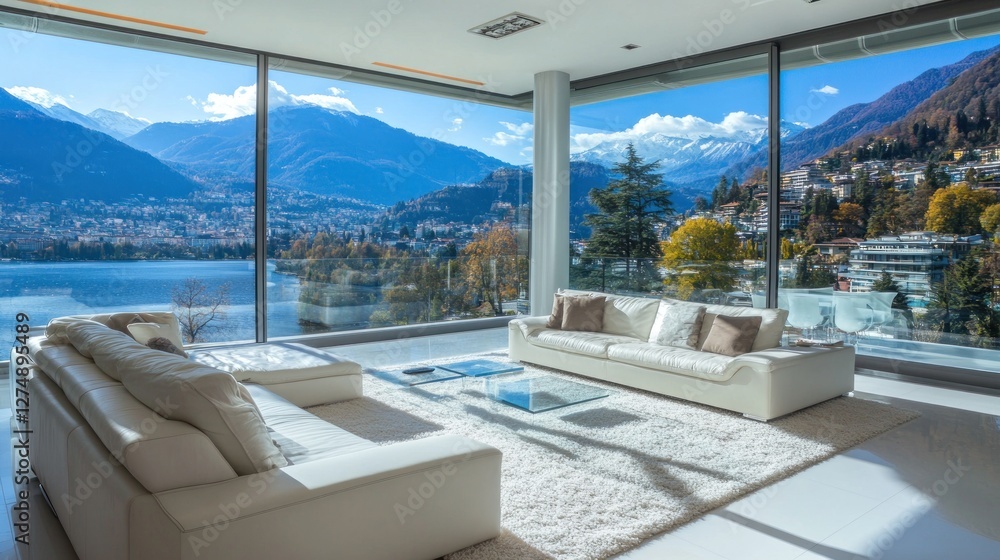 Fototapeta premium Modern living room with panoramic mountain and lake view, designed for relaxation and comfort.