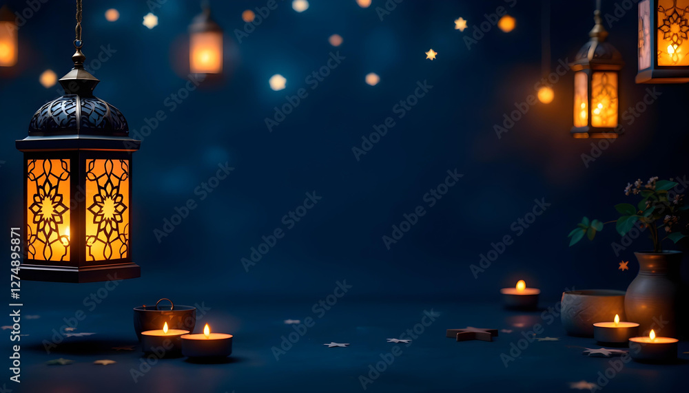 Dark blue background with antique brass lanterns, rustic candles, and floral decor, creating a peaceful and nostalgic Ramadan atmosphere. Dark blue background with antique brass lanterns, rustic candles, and floral decor, creating a peaceful and nostalgic Ramadan atmosphere.