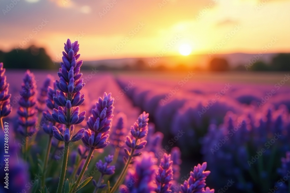 Obraz premium Soft lavender fields bathed in warm sunset light, lavender, field