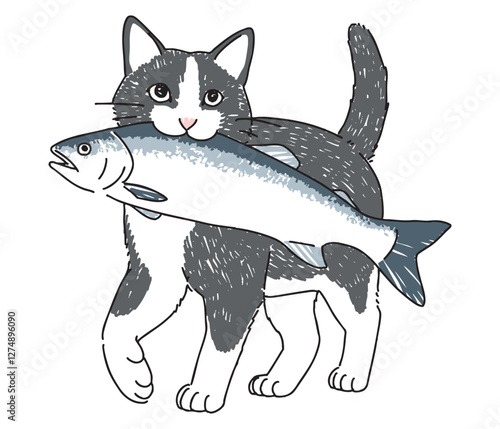 魚と猫の手書きイラスト