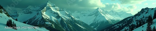 Dark green thread against a snowy mountain landscape, mountain, mountainous background, green