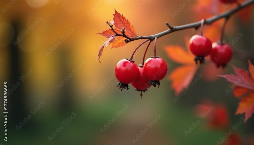 Obraz premium Red berries hang from curved rowan branch like lanterns, fall season, autumn, nature