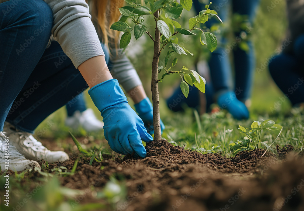 Fototapeta premium A close-up view of young volunteers planting saplings while wearing blue gloves. The focus is on vibrant green leaves and rich soil, symbolizing new beginnings, restoration, and environmental care.