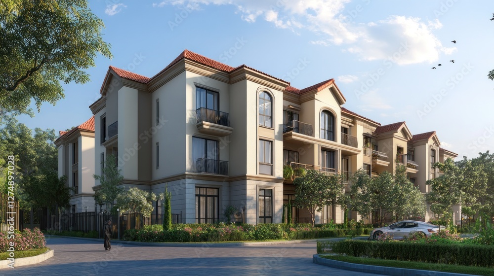 Modern residential building with landscaped surroundings and clear blue skies. Modern residential building with landscaped surroundings and clear blue skies.