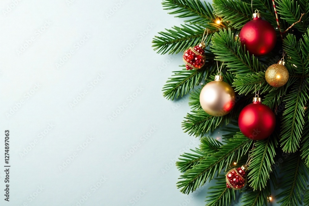 Festive evergreen branch arrangement with ornaments, greenery, Christmas decoration, Festive evergreen branch arrangement with ornaments, greenery, Christmas decoration,