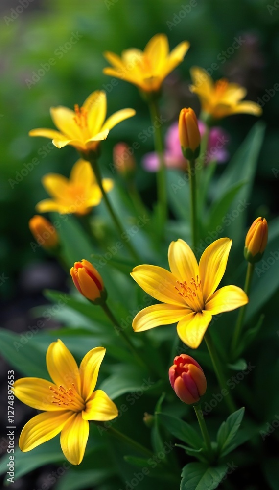 Yellow and pink blooms intertwined with greenery, garden, lush Yellow and pink blooms intertwined with greenery, garden, lush