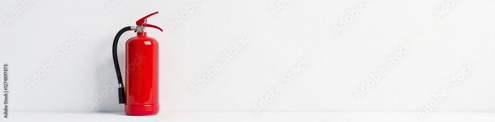 Red fire extinguisher against stark white backdrop, decorative, wall, modern Red fire extinguisher against stark white backdrop, decorative, wall, modern
