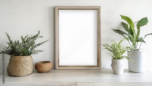 Minimalistic White Interior Showcasing Botanical Decorations and Blank Landscape Mockup at Dusk, Invoking a Serene and Calming Ambiance