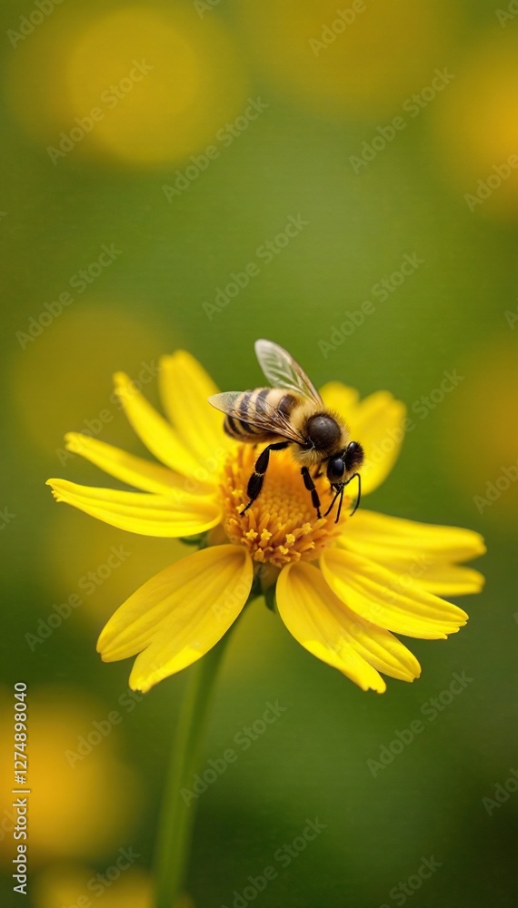 Yellow and black striped bee collecting nectar from a flower, pollination, yellow Yellow and black striped bee collecting nectar from a flower, pollination, yellow