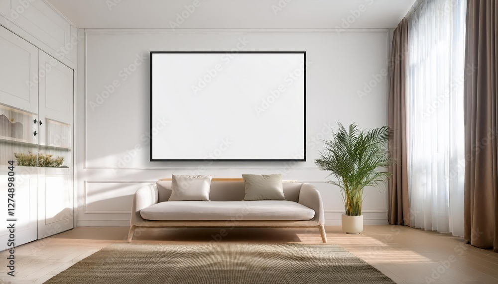White Room Interior with Minimalistic Blank Landscape Picture Frame Mockup at Twilight Perfect for Modern Art, Home Decor, or Design Inspiration White Room Interior with Minimalistic Blank Landscape Picture Frame Mockup at Twilight Perfect for Modern Art, Home Decor, or Design Inspiration