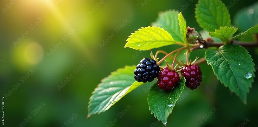 Blackberry bush with dew on leaves in morning light, nature, greenery, blackberries Blackberry bush with dew on leaves in morning light, nature, greenery, blackberries