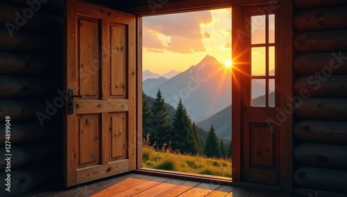 Wooden door with window open to reveal a mountain landscape at sunrise, hut, trees, mountain