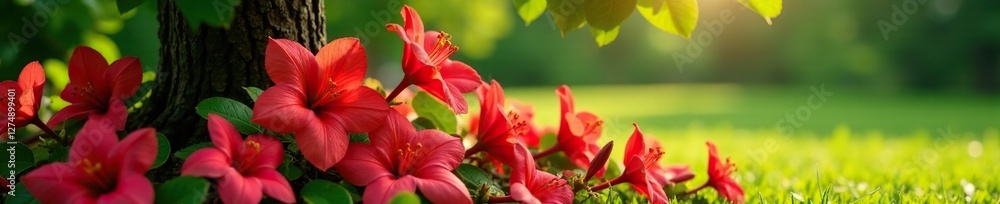 Red flowers cascade around the base of a tree, summer garden, blooming flowers, red petals Red flowers cascade around the base of a tree, summer garden, blooming flowers, red petals