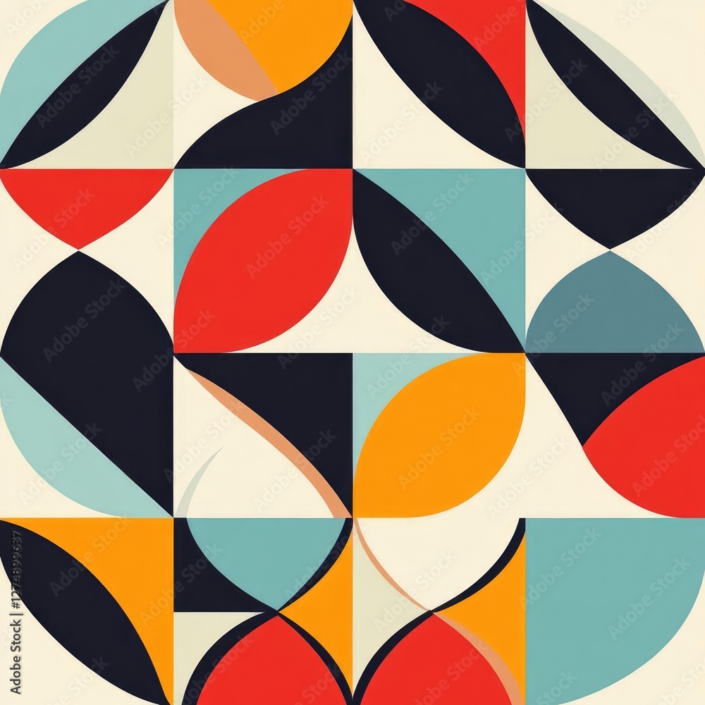 Obraz premium Contemporary Geometric Pattern with Bold Colors and Overlapping Shapes in Mid-Century Modern Style