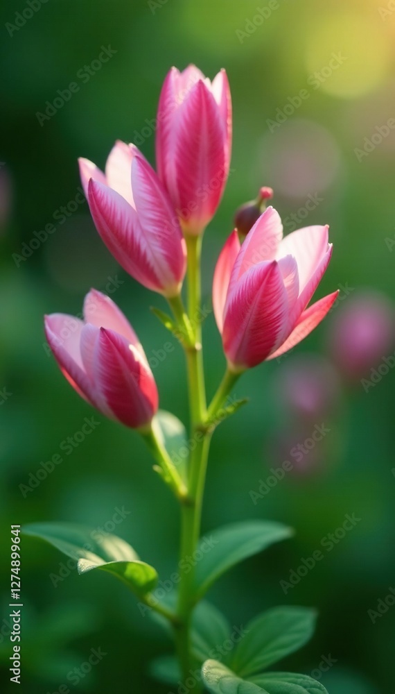 Naklejka premium Delicate petals unfurl from twin flower stems, greenery, flowers, tiny