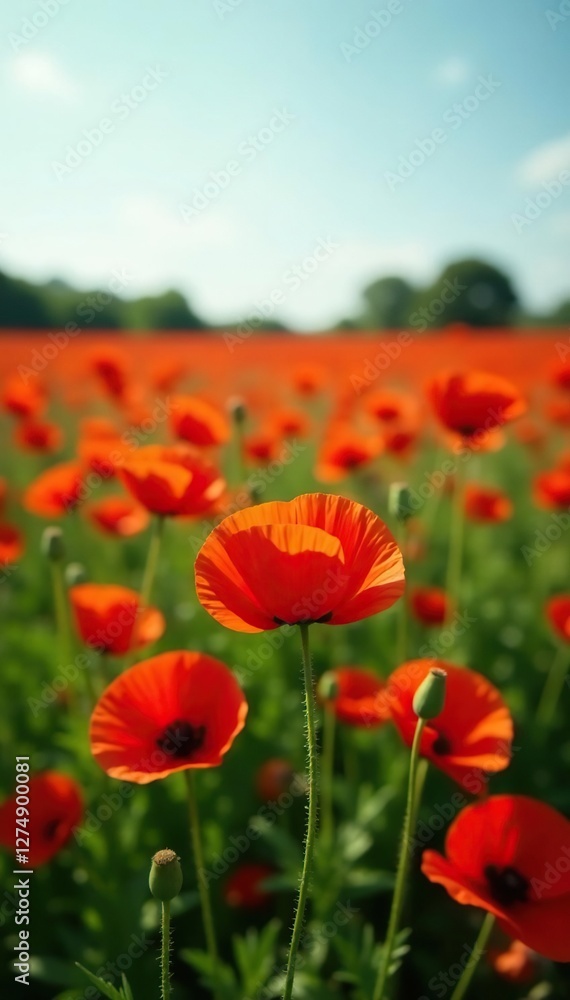 Field of bright red poppy flowers swaying gently in the breeze, meadow, nature Field of bright red poppy flowers swaying gently in the breeze, meadow, nature