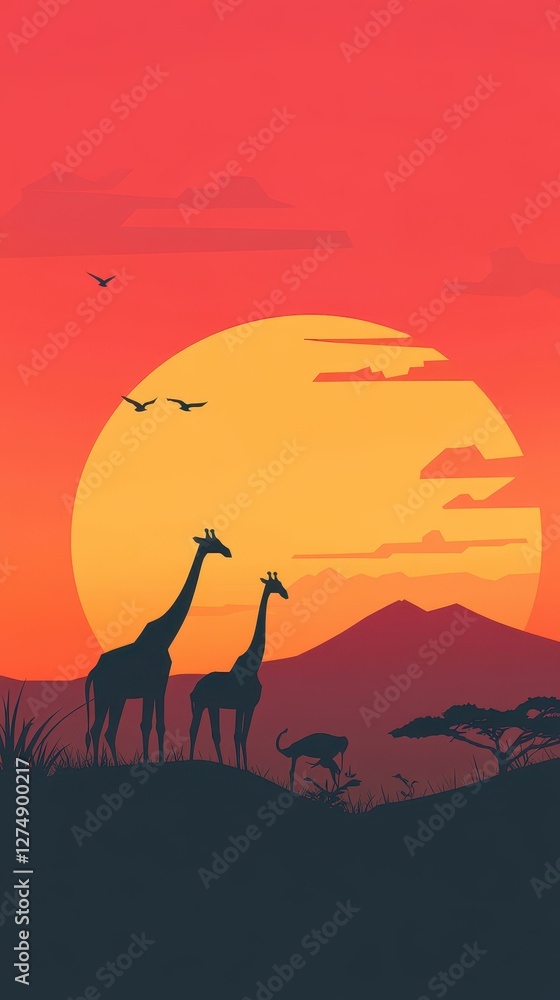 Silhouetted giraffes and other animals under a huge sun Silhouetted giraffes and other animals under a huge sun