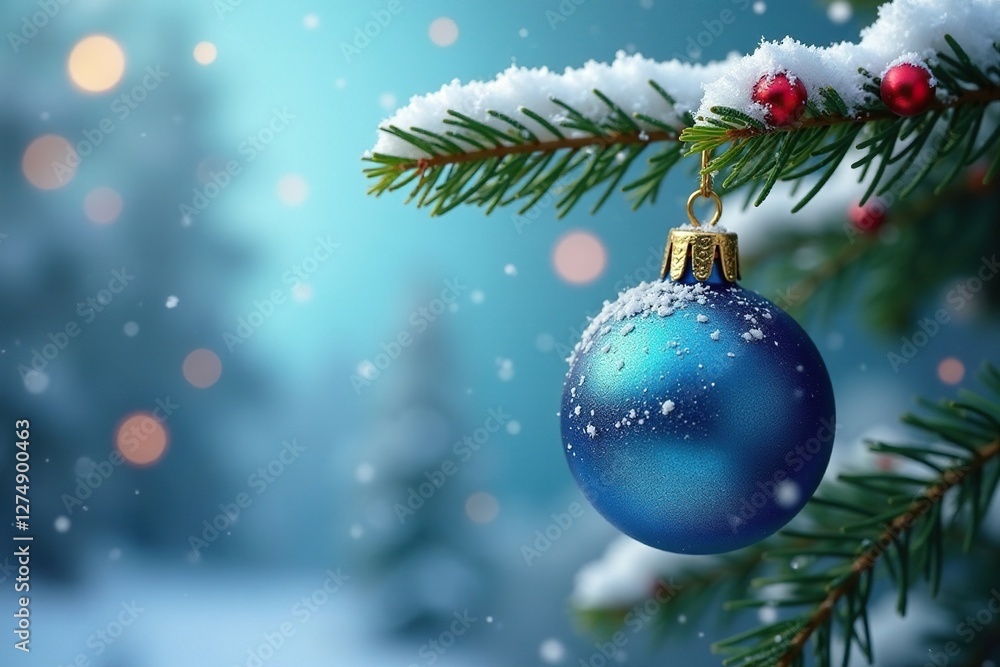 Blue Christmas ball garland on a snowy branch with berries, bokeh effect Blue Christmas ball garland on a snowy branch with berries, bokeh effect