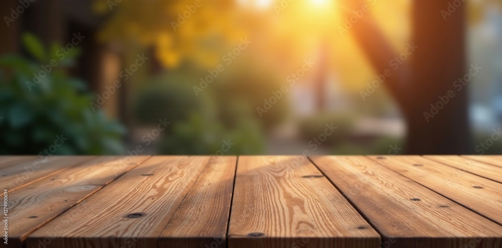 Wooden table top with a soft focus effect and warm lighting, surface, wood finish Wooden table top with a soft focus effect and warm lighting, surface, wood finish